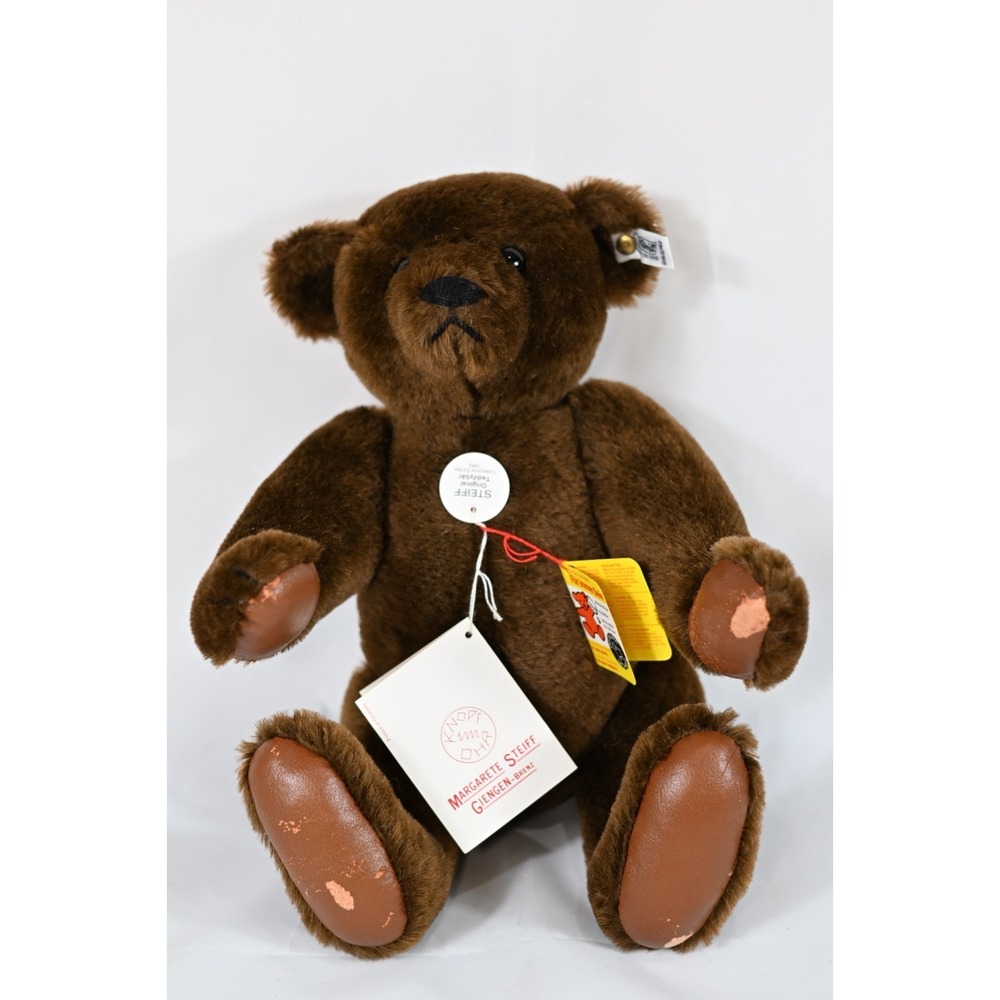 Steiff Teddy Bear 1904 Replica 1983 Mohair Leather Paws Button Ear Tag Squeaker
